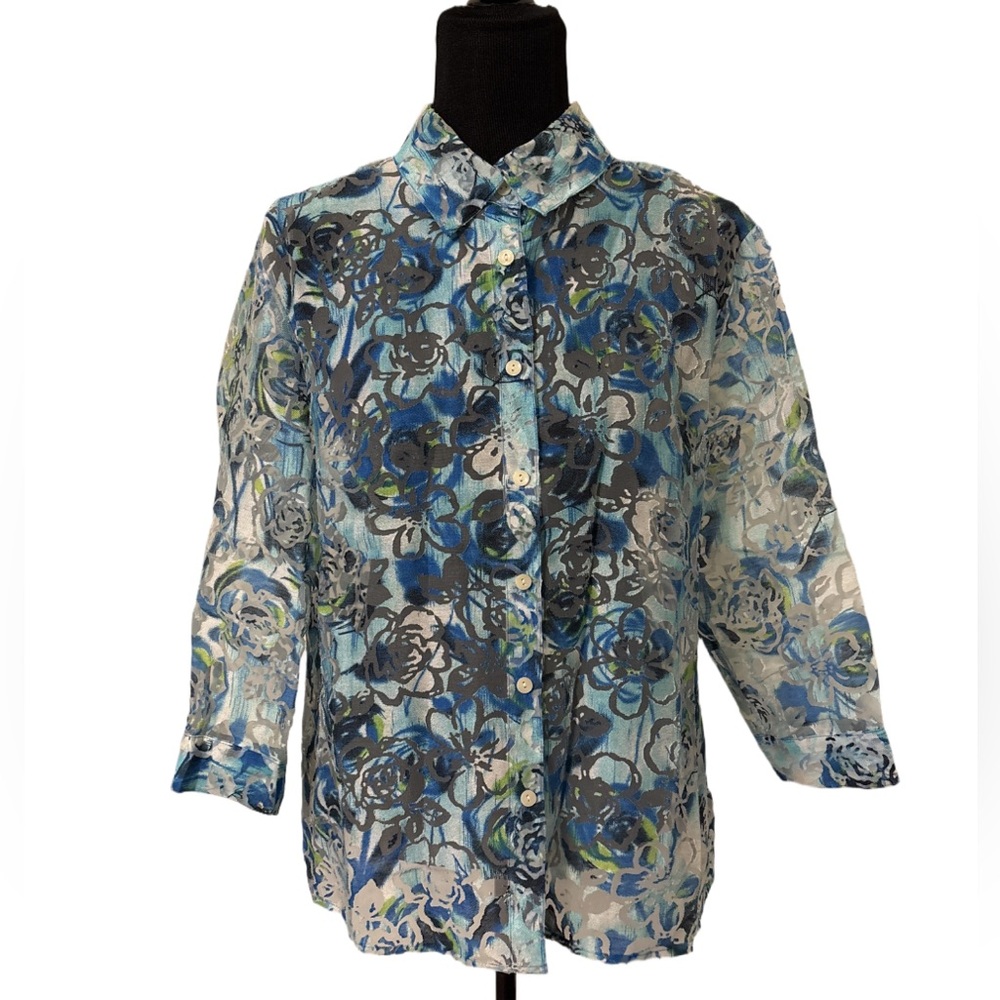 Dana Taylor Floral Blue and Green Women's  Button-Up shirt Sz Petite XL